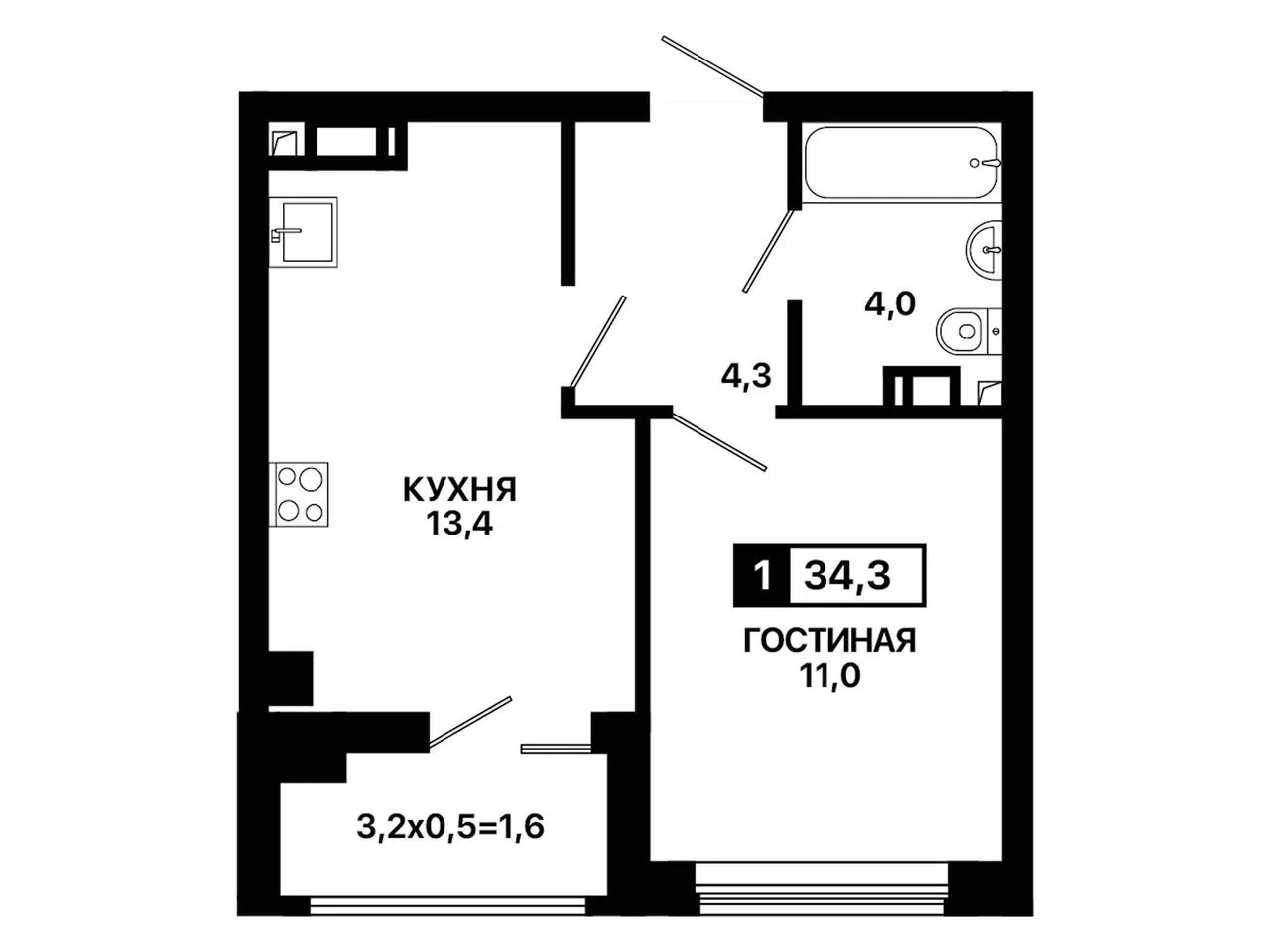 1-комнатная квартира, 34,3 м², 9/9 эт. в ЖК «Резиденция Селект»