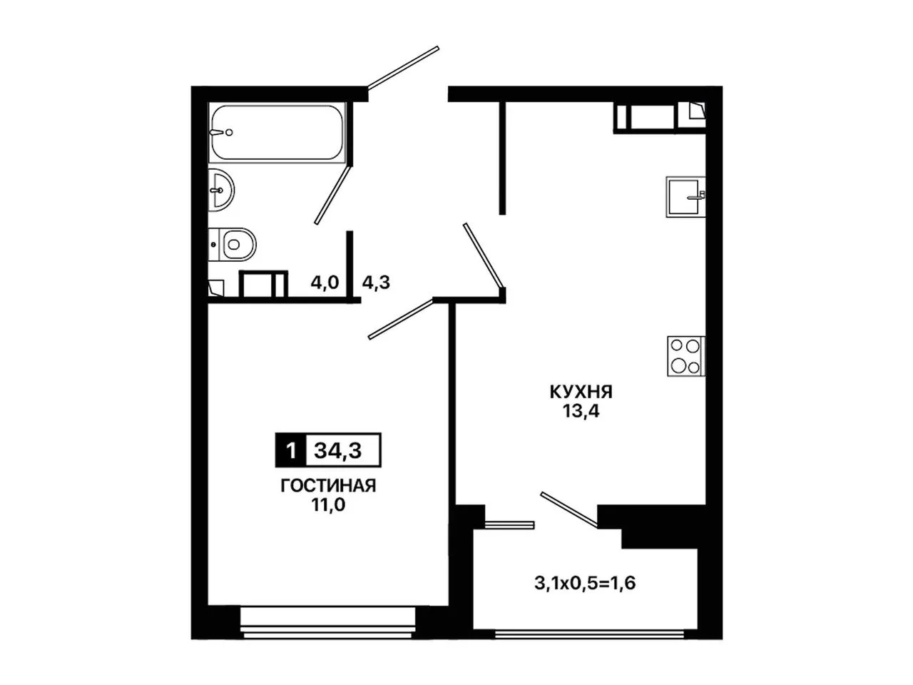 1-комнатная квартира, 34,3 м², 9/9 эт. в ЖК «Резиденция Селект»