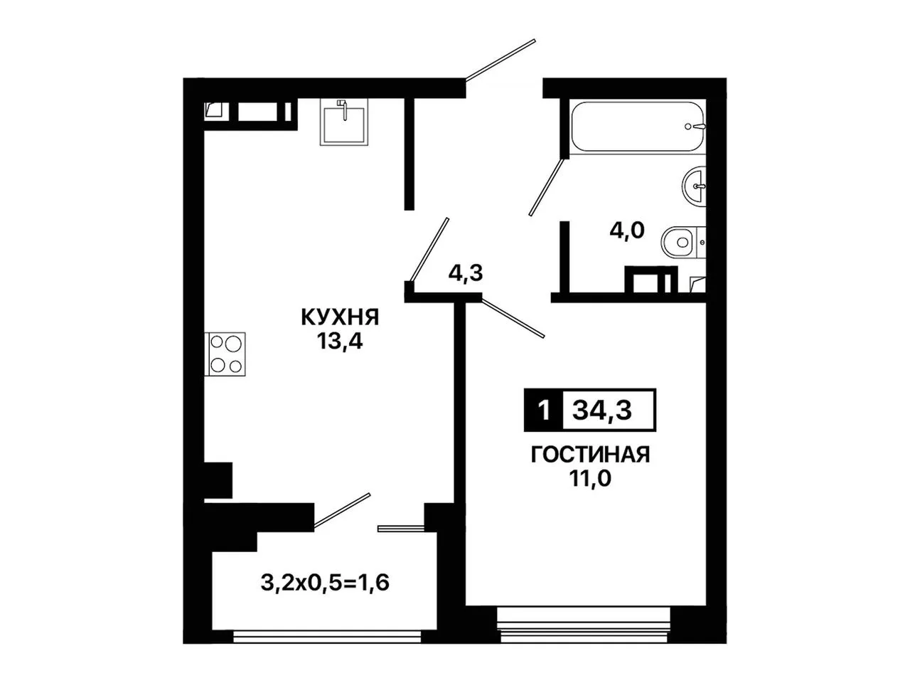 1-комнатная квартира, 34,3 м², 8/9 эт. в ЖК «Резиденция Селект»