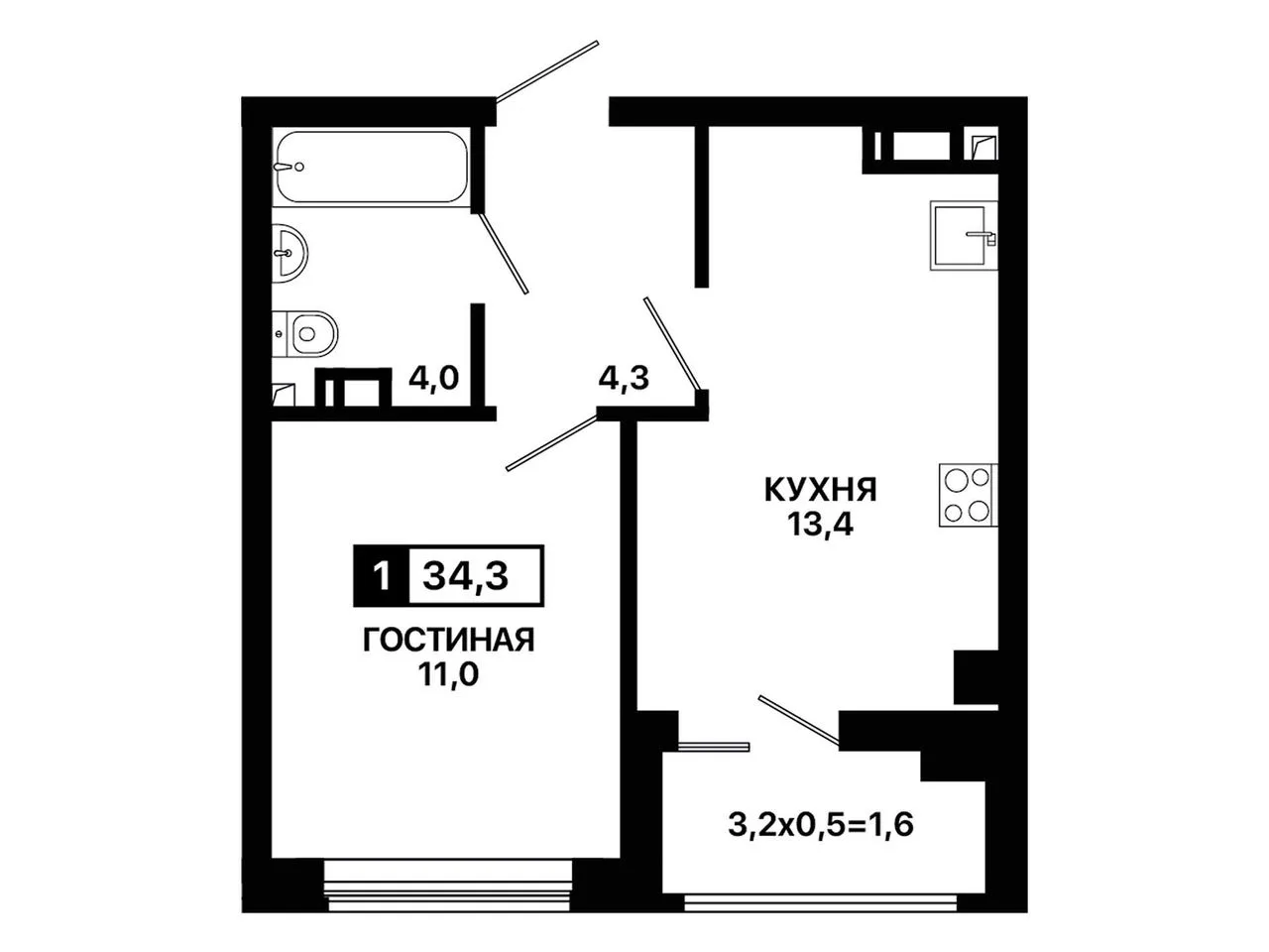 1-комнатная квартира, 34,3 м², 8/9 эт. в ЖК «Резиденция Селект»