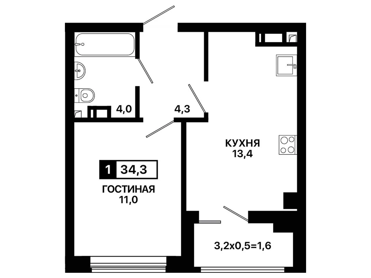 1-комнатная квартира, 34,3 м², 8/9 эт. в ЖК «Резиденция Селект»