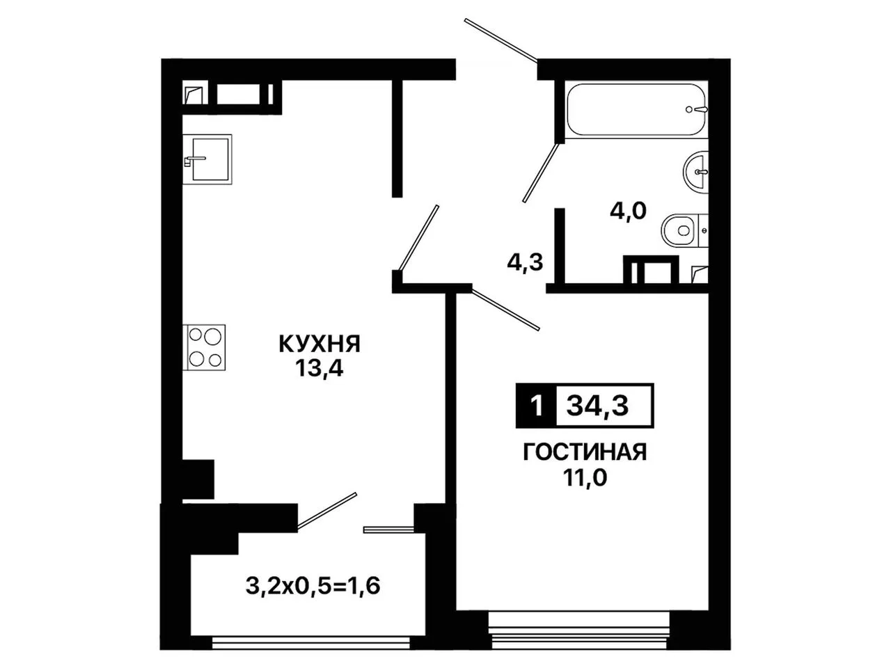 1-комнатная квартира, 34,3 м², 8/9 эт. в ЖК «Резиденция Селект»