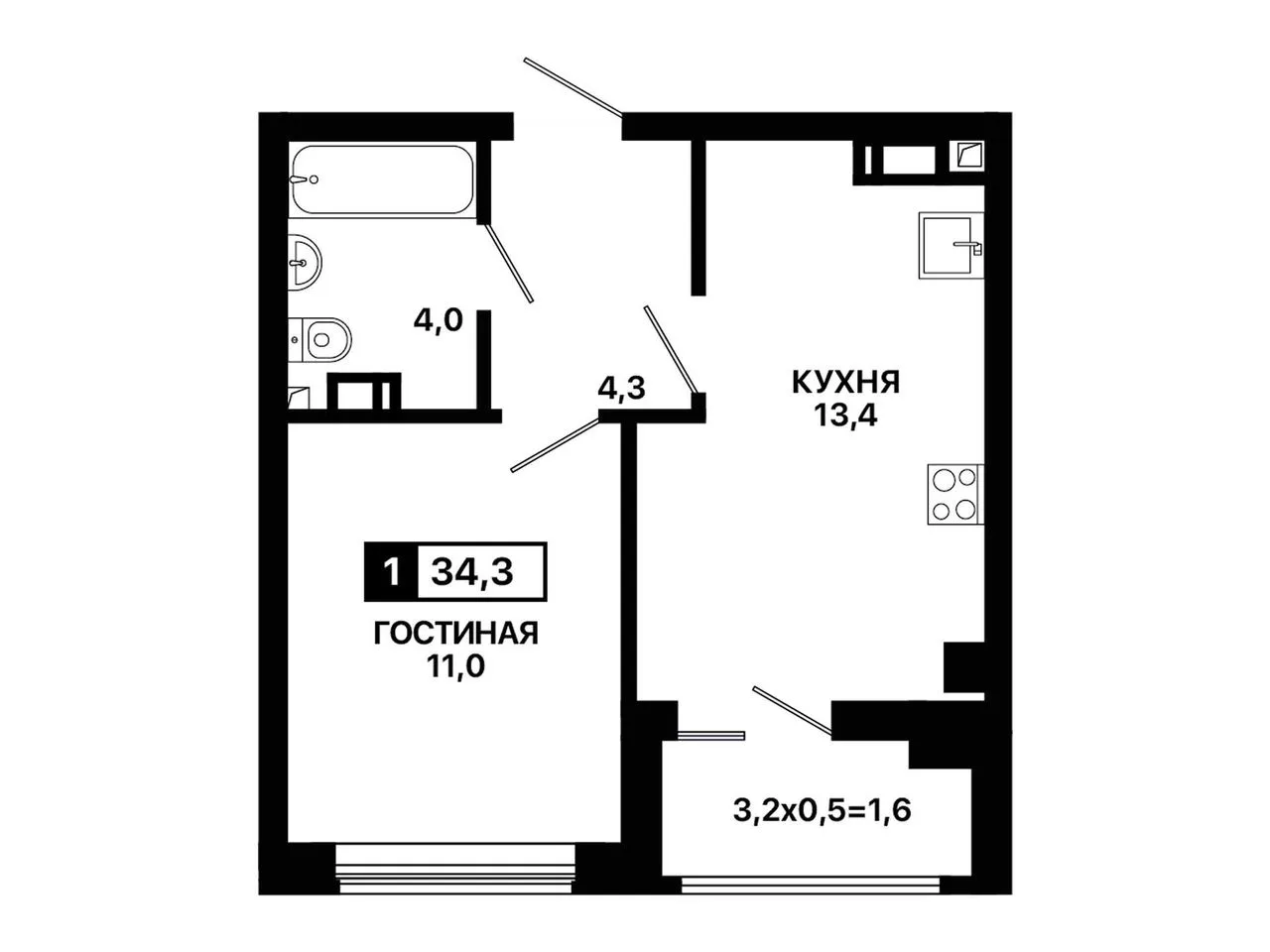 1-комнатная квартира, 34,3 м², 8/9 эт. в ЖК «Резиденция Селект»
