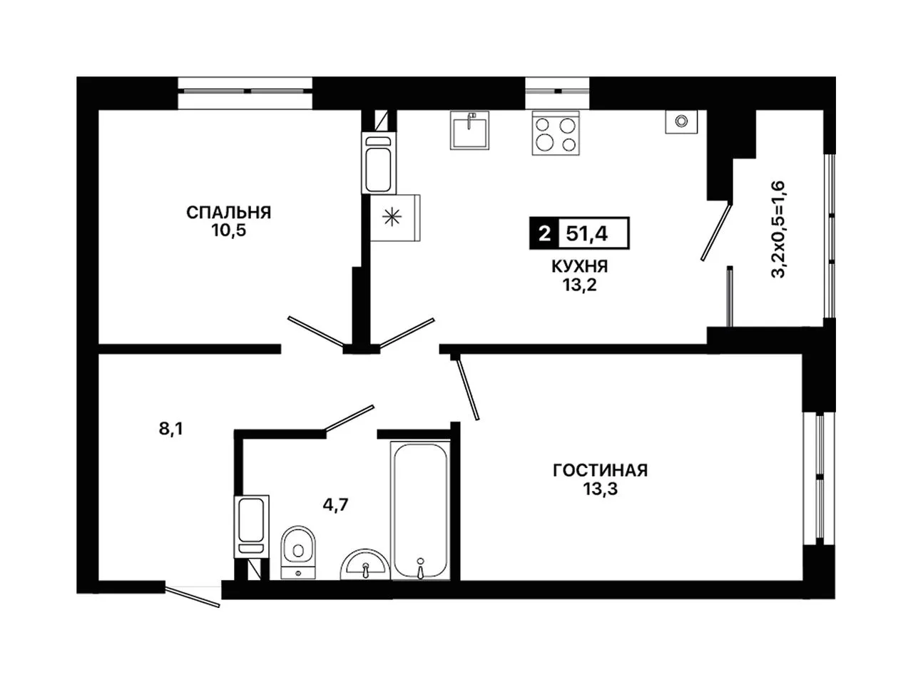 2-комнатная квартира, 51,4 м², 3/12 эт. в ЖК «Приморье»