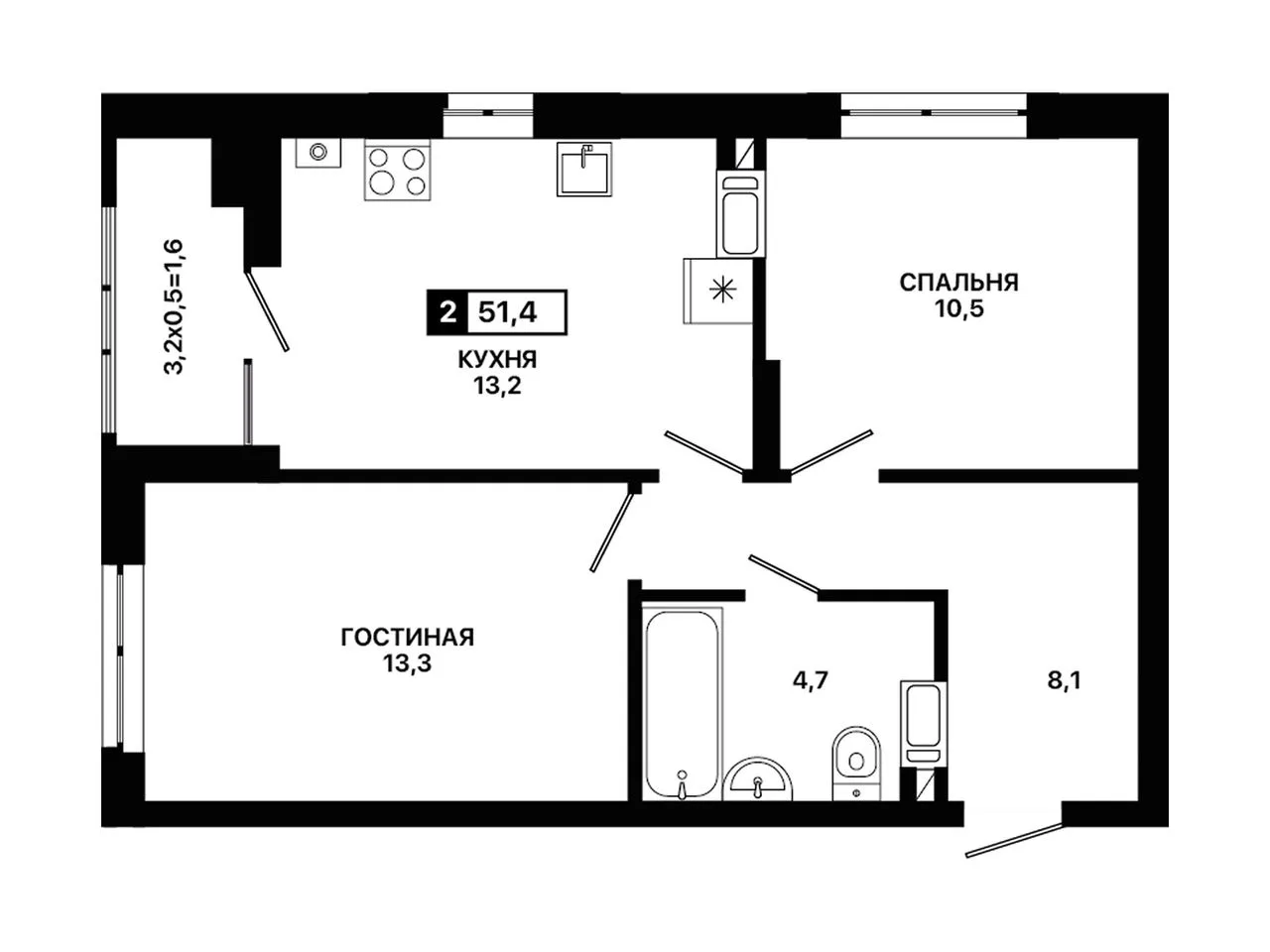 2-комнатная квартира, 51,4 м², 7/12 эт. в ЖК «Приморье»