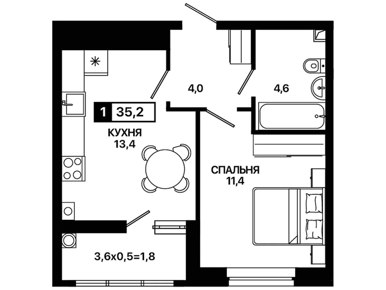 1-комнатная квартира, 35,2 м², 1/9 эт. в ЖК «Резиденция Концепт»