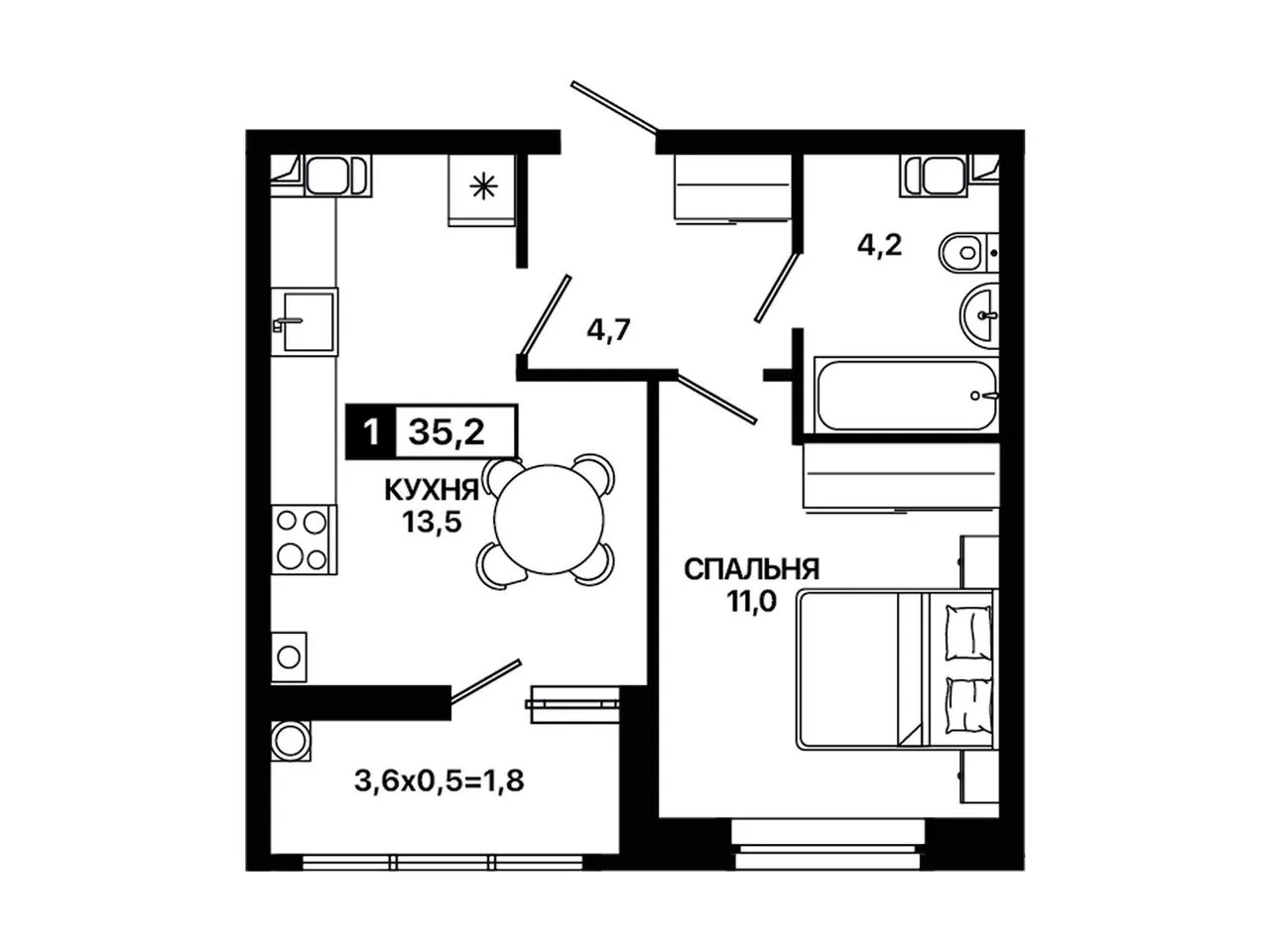 1-комнатная квартира, 35,2 м², 2/9 эт. в ЖК «Резиденция Концепт»