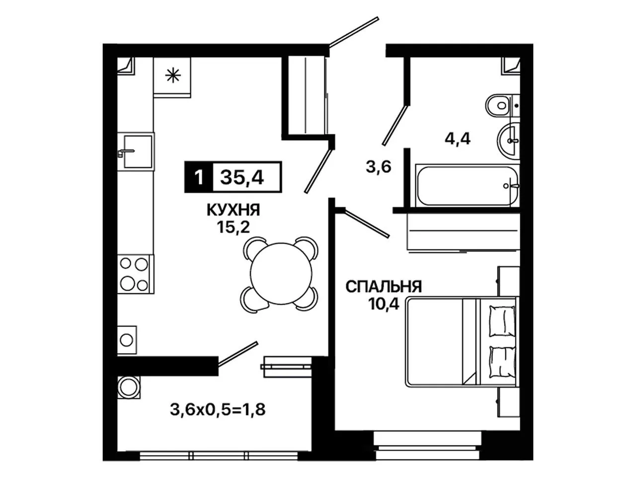 1-комнатная квартира, 35,4 м², 1/9 эт. в ЖК «Резиденция Концепт»