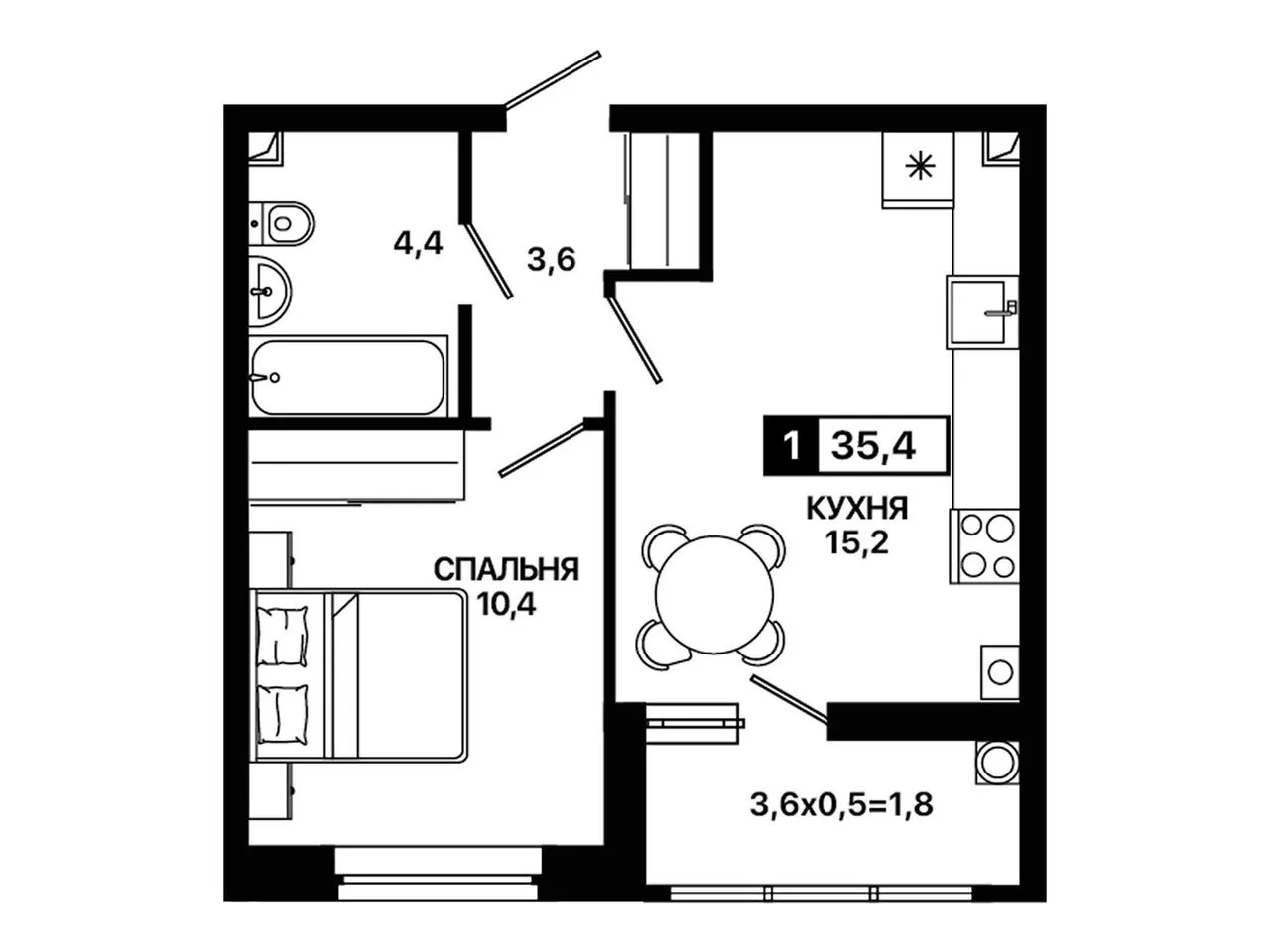1-комнатная квартира, 35,4 м², 1/9 эт. в ЖК «Резиденция Концепт»