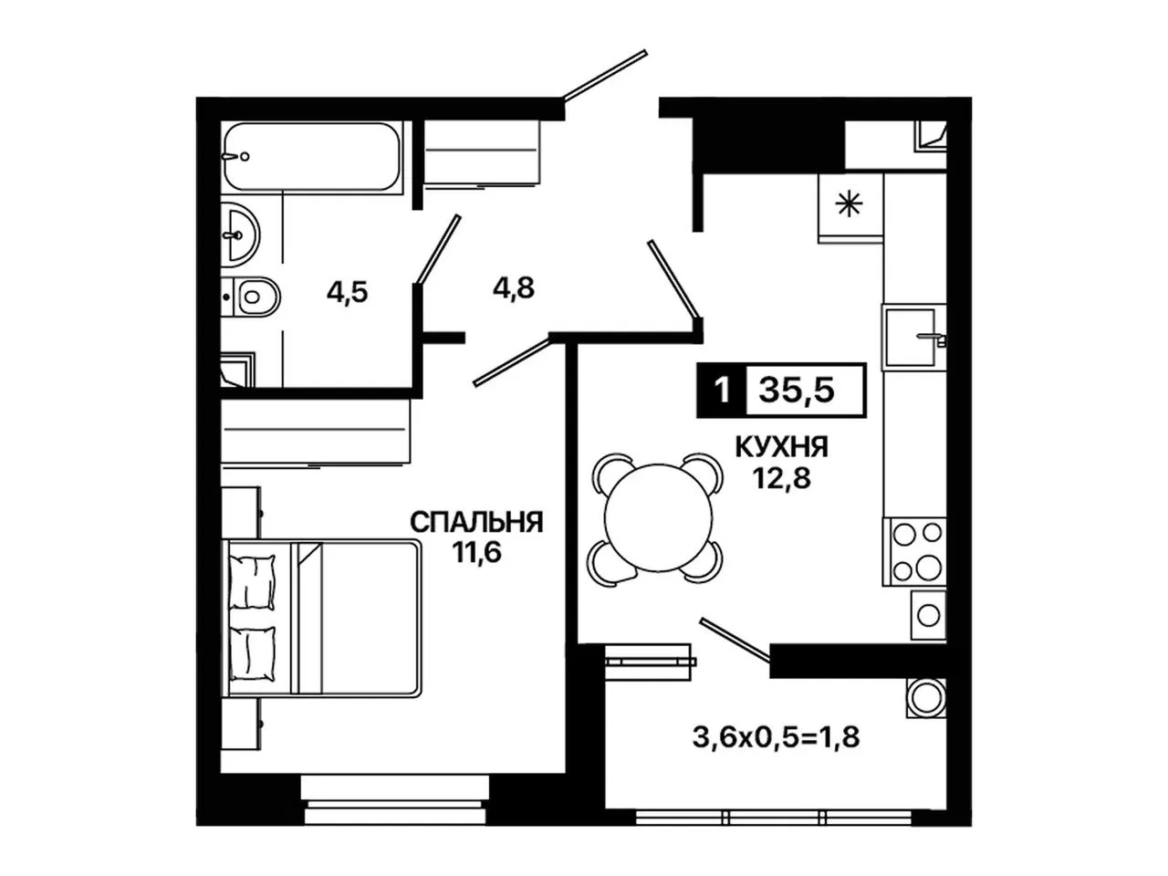 1-комнатная квартира, 35,5 м², 1/9 эт. в ЖК «Резиденция Концепт»