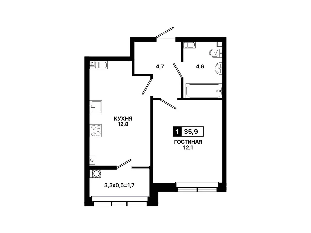1-комнатная квартира, 35,9 м², 9/9 эт. в ЖК «Резиденция Селект»