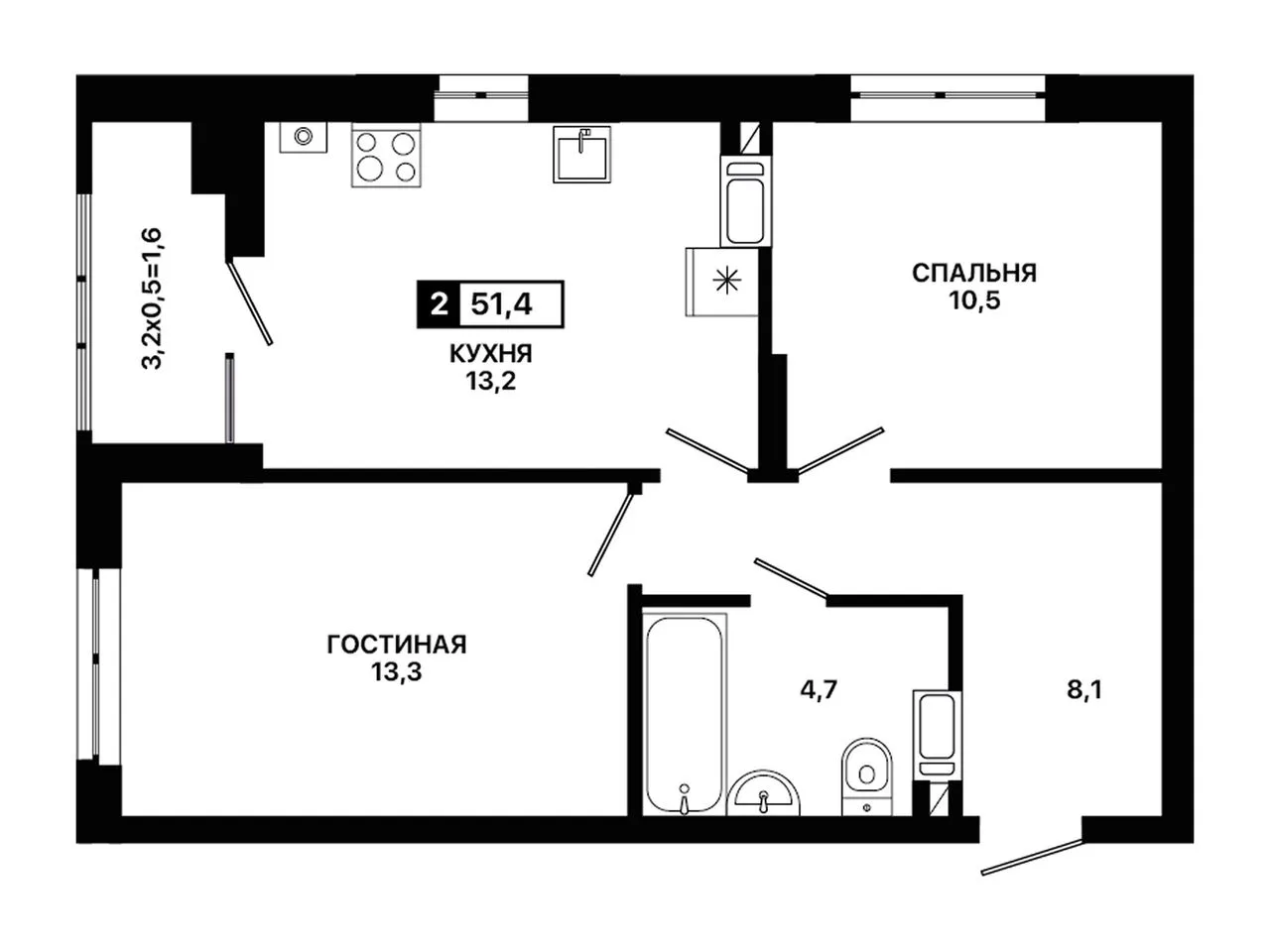 2-комнатная квартира, 51,4 м², 4/12 эт. в ЖК «Приморье»