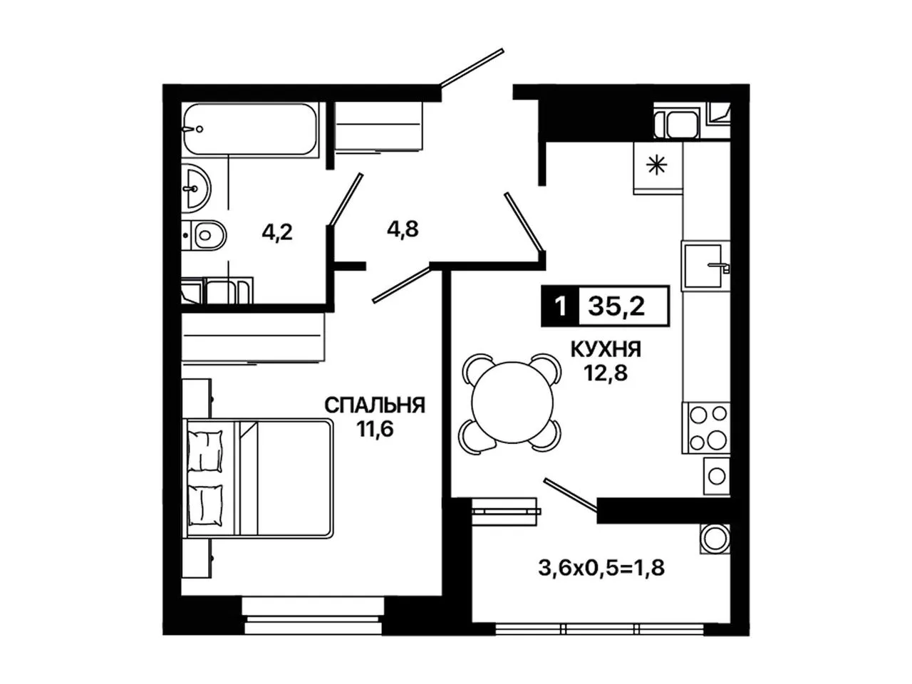 1-комнатная квартира, 35,2 м², 6/9 эт. в ЖК «Резиденция Концепт»