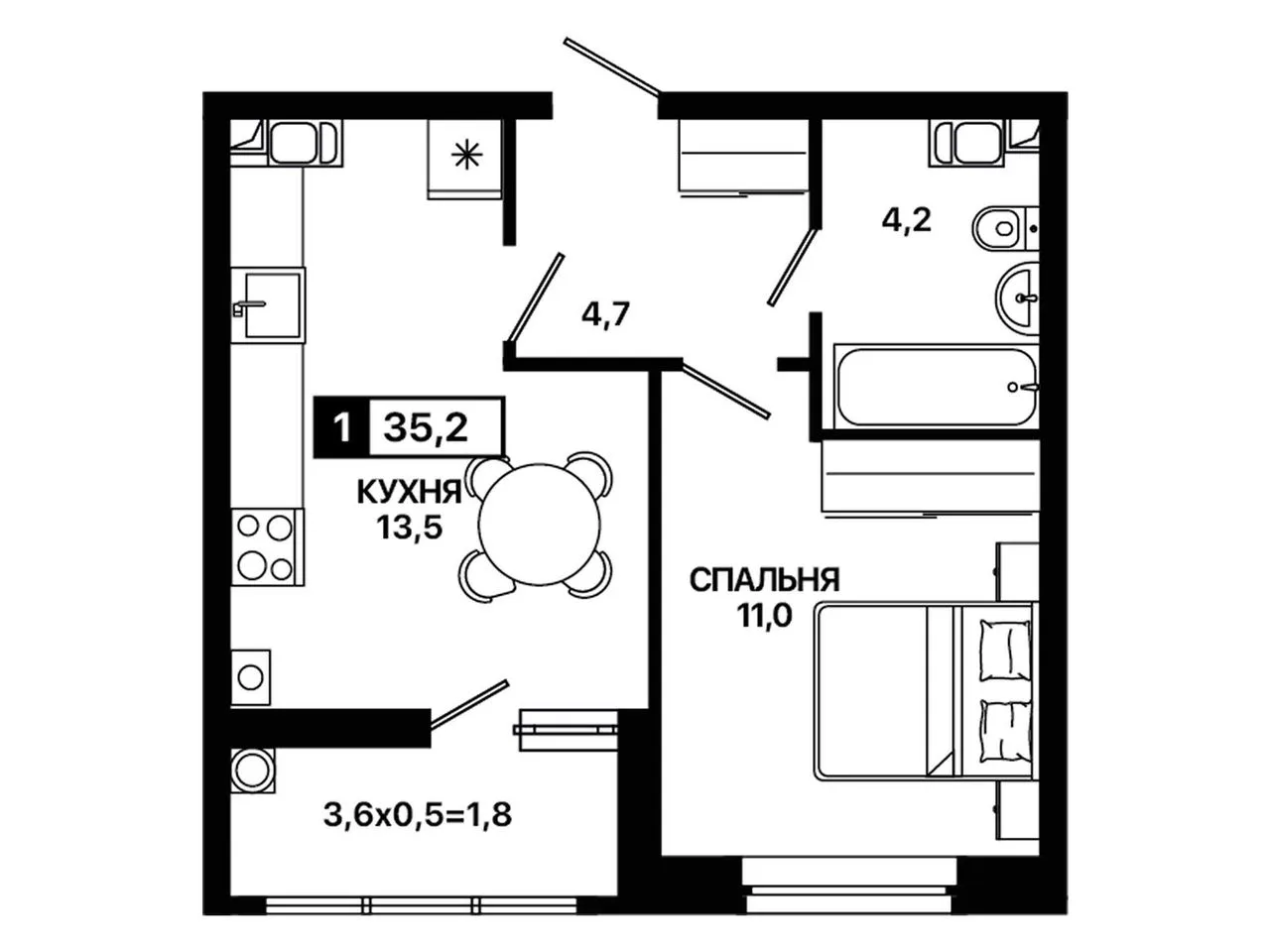 1-комнатная квартира, 35,2 м², 4/9 эт. в ЖК «Резиденция Концепт»