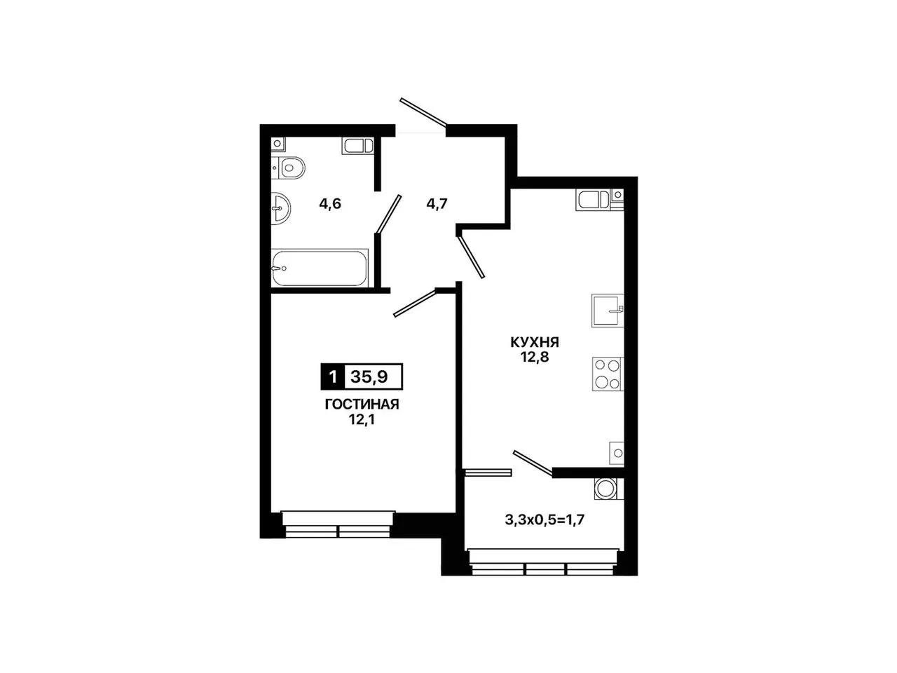 1-комнатная квартира, 35,9 м², 9/9 эт. в ЖК «Резиденция Селект»
