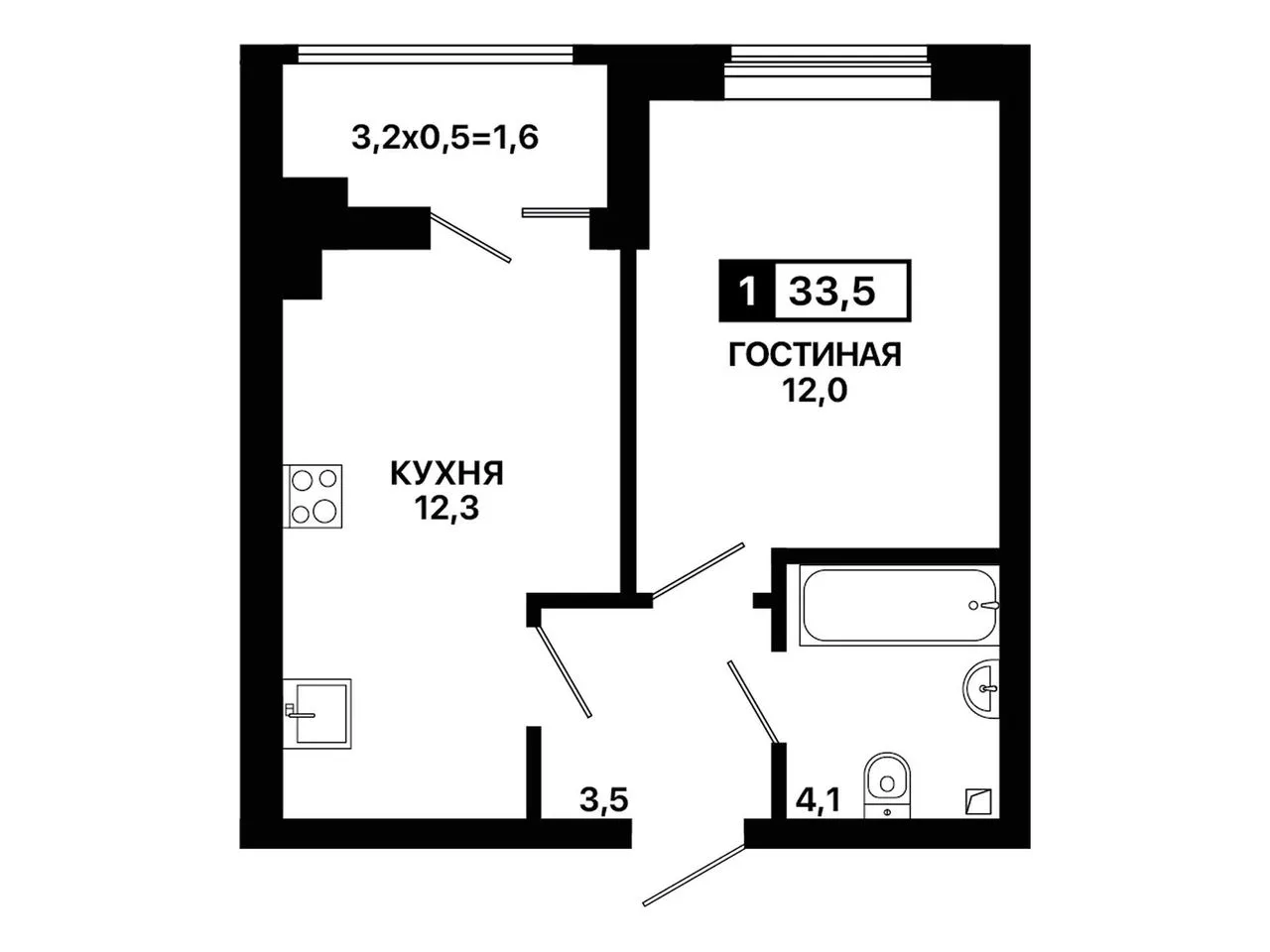 1-комнатная квартира, 33,5 м², 1/9 эт. в ЖК «Резиденция Селект»