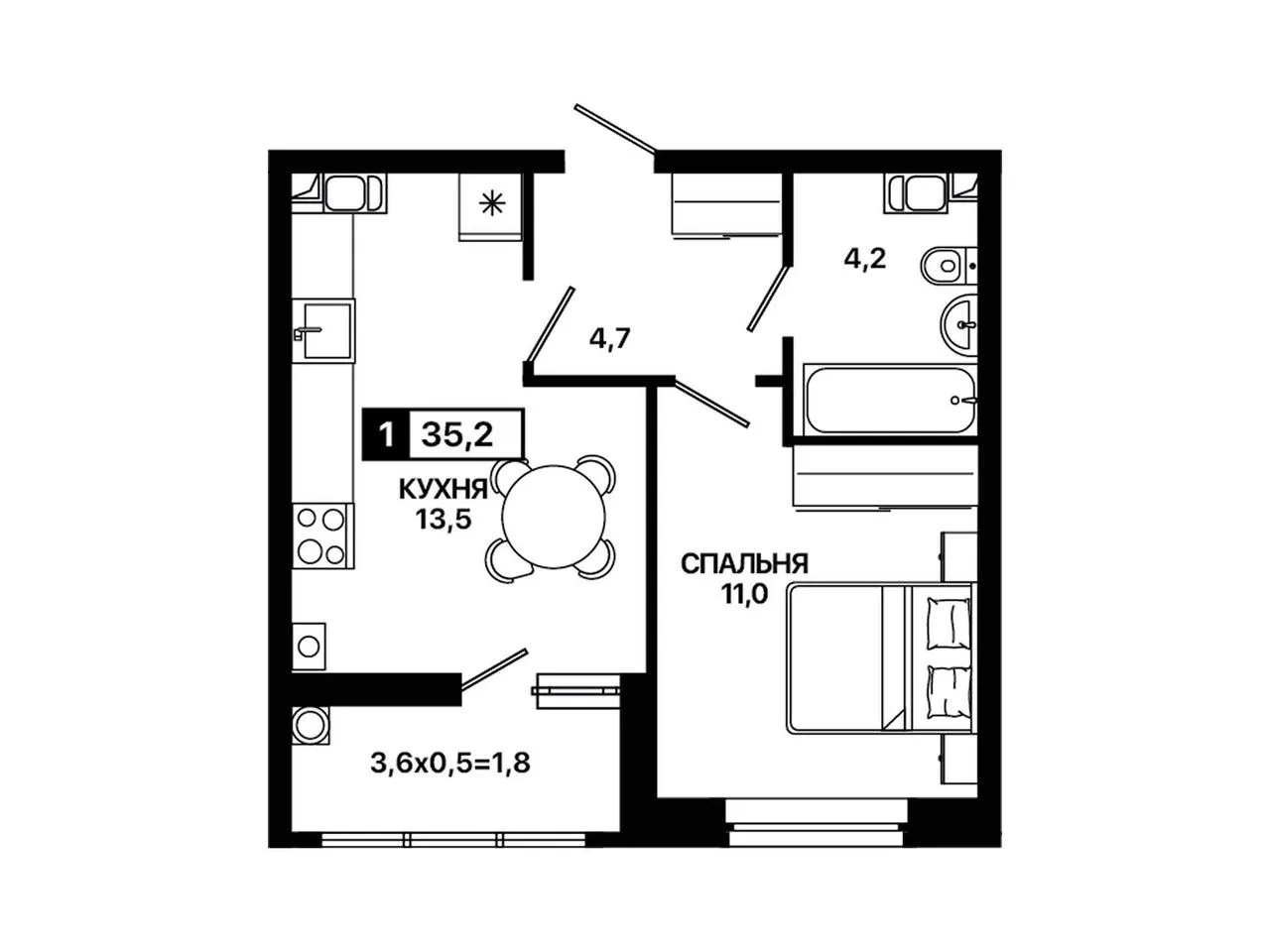 1-комнатная квартира, 35,2 м², 3/9 эт. в ЖК «Резиденция Концепт»