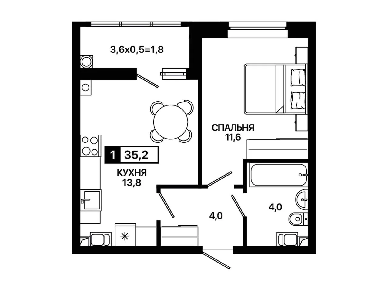 1-комнатная квартира, 35,2 м², 4/9 эт. в ЖК «Резиденция Концепт»