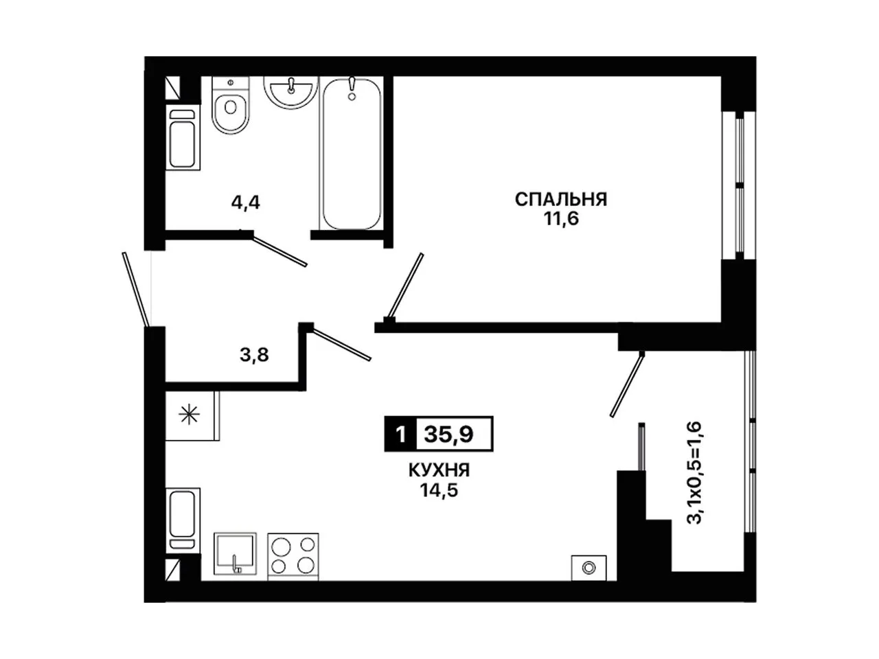 1-комнатная квартира, 35,9 м², 12/12 эт. в ЖК «Приморье»
