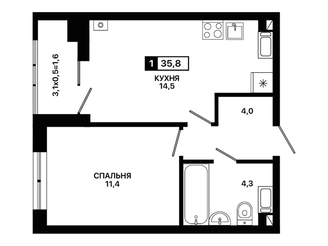 1-комнатная квартира, 35,8 м², 12/12 эт. в ЖК «Приморье»