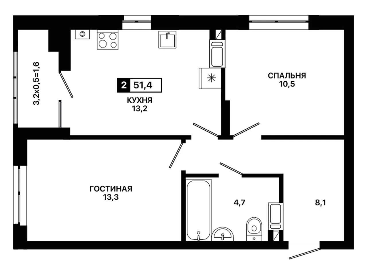 2-комнатная квартира, 51,4 м², 10/12 эт. в ЖК «Приморье»