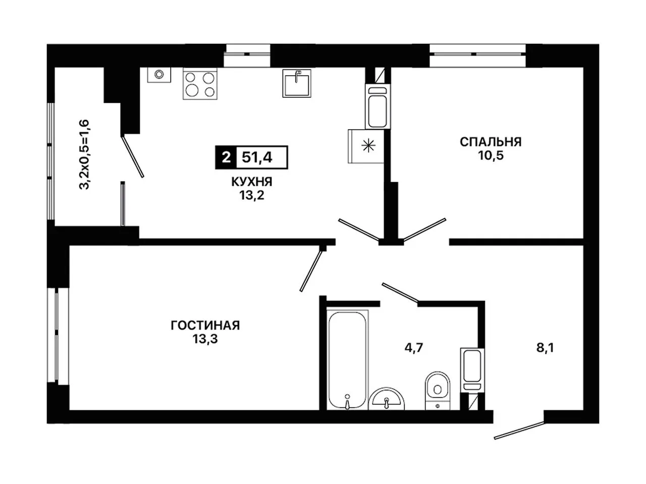 2-комнатная квартира, 51,4 м², 12/12 эт. в ЖК «Приморье»