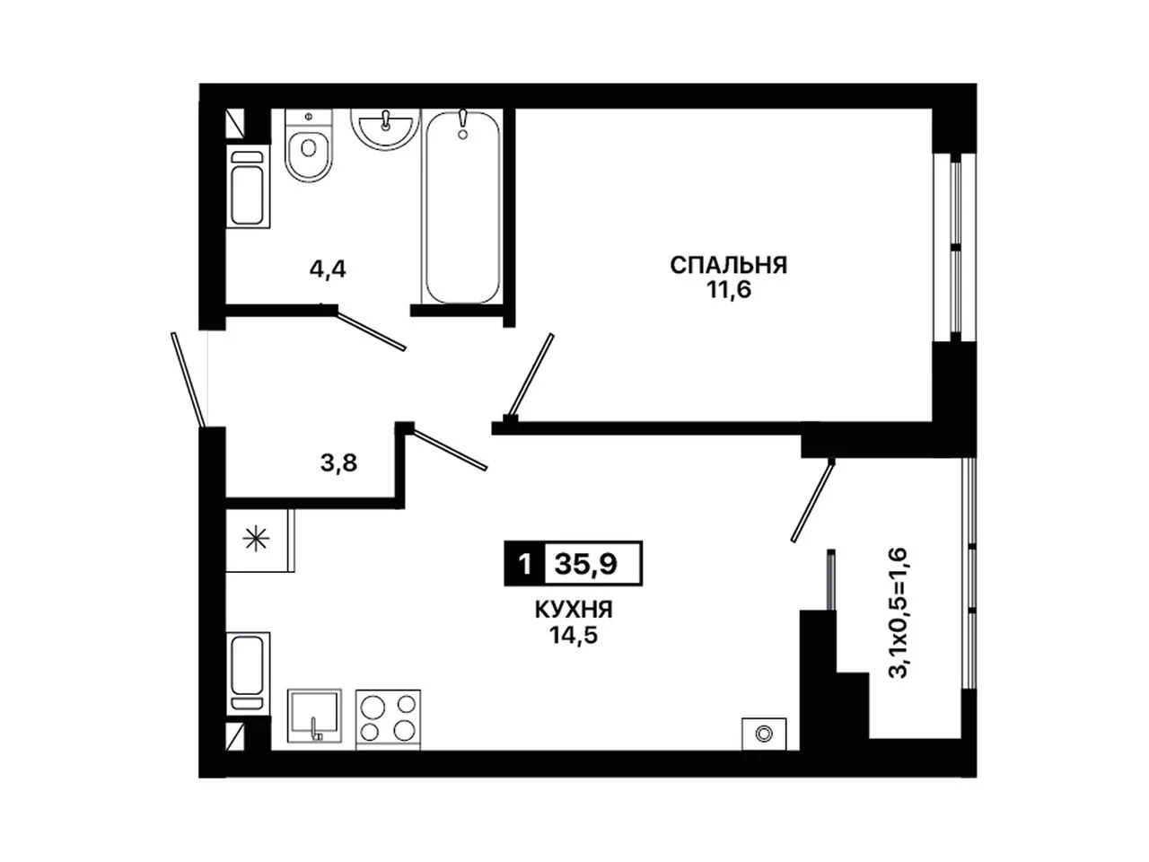 1-комнатная квартира, 35,9 м², 11/12 эт. в ЖК «Приморье»