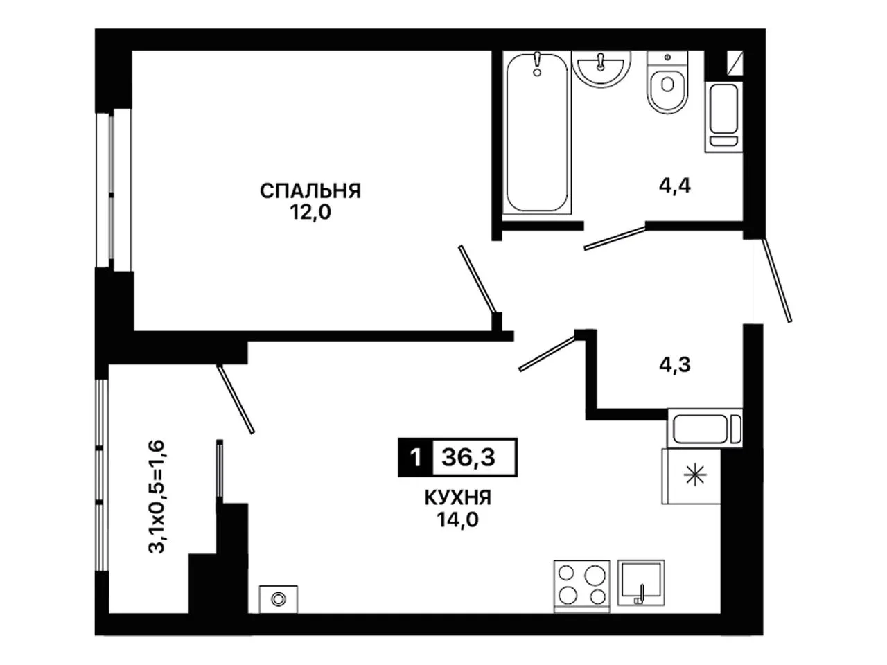 1-комнатная квартира, 36,3 м², 10/12 эт. в ЖК «Приморье»