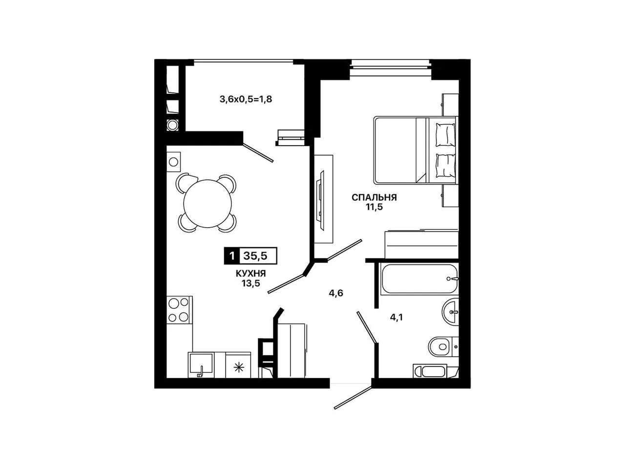 1-комнатная квартира, 35,5 м², 7/9 эт. в ЖК «Резиденция Концепт»