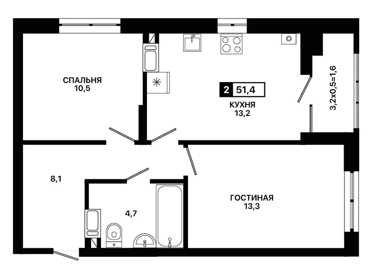 2-комнатная квартира, 51,4 м², 11/12 эт. в ЖК «Приморье»