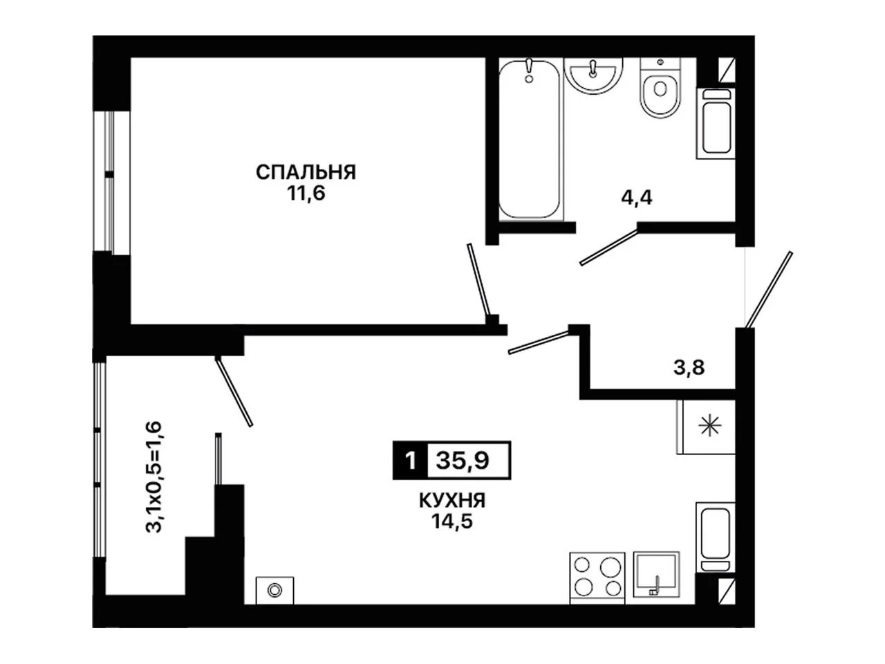 1-комнатная квартира, 35,9 м², 12/12 эт. в ЖК «Приморье»