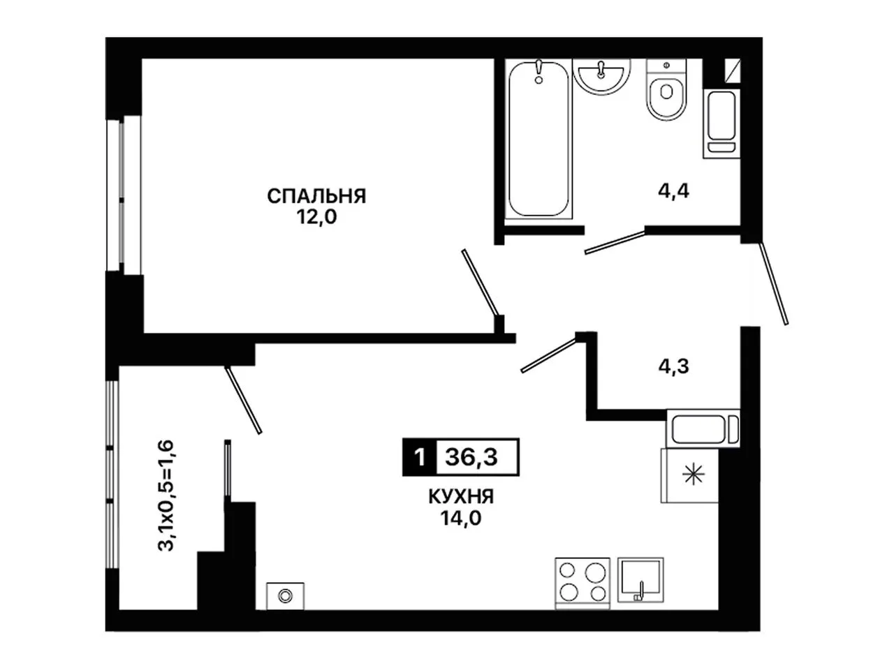 1-комнатная квартира, 36,3 м², 12/12 эт. в ЖК «Приморье»