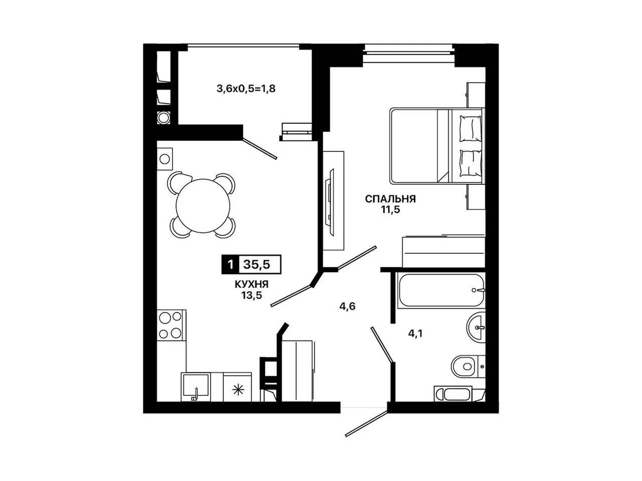 1-комнатная квартира, 35,5 м², 9/9 эт. в ЖК «Резиденция Концепт»
