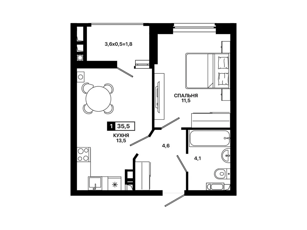 1-комнатная квартира, 35,5 м², 8/9 эт. в ЖК «Резиденция Концепт»