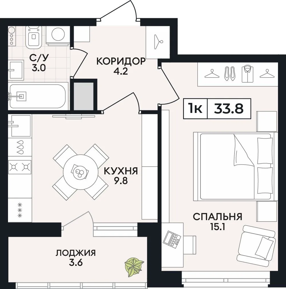 1-комнатная квартира, 33,8 м², 9/9 эт. в ЖК «Горизонт»
