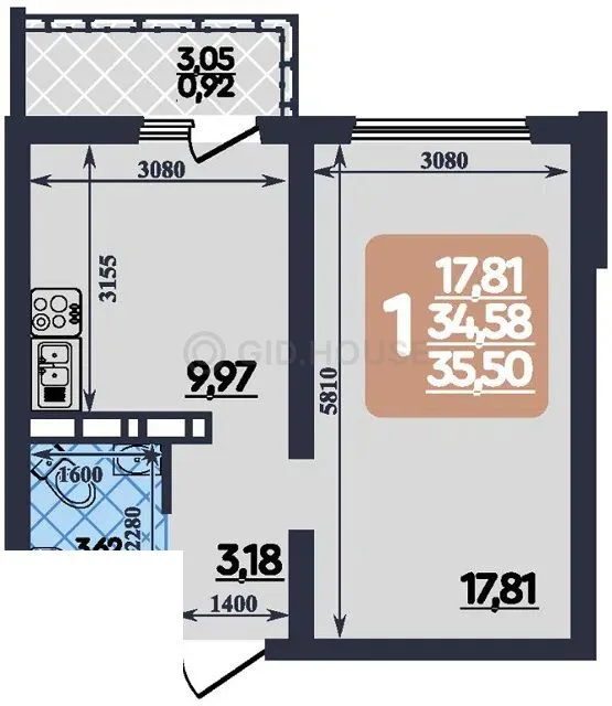 1-комнатная квартира, 35,5 м², 7/12 эт. в ЖК «Ленинградский квартал»