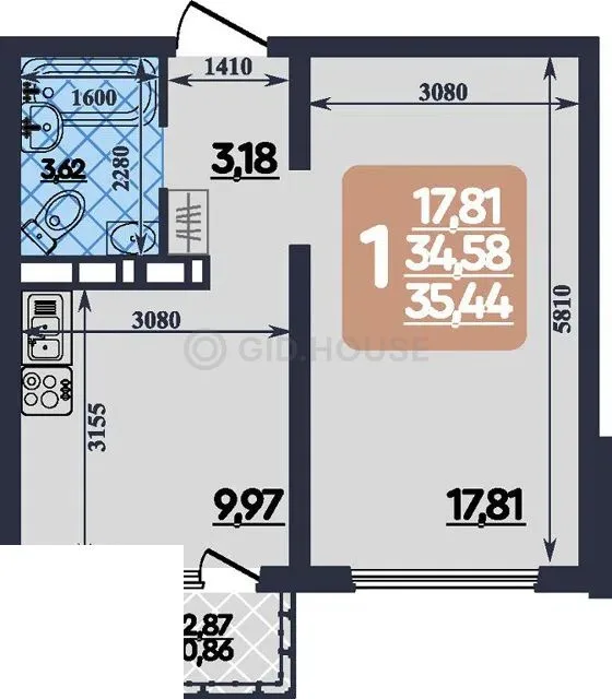1-комнатная квартира, 35,44 м², 6/10 эт. в ЖК «Ленинградский квартал»