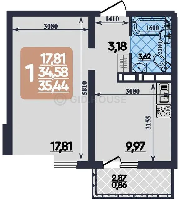 1-комнатная квартира, 35,44 м², 2/10 эт. в ЖК «Ленинградский квартал»