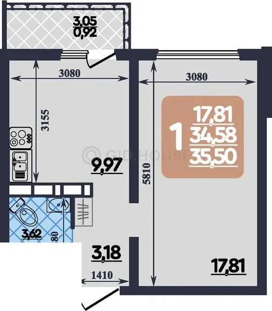 1-комнатная квартира, 35,5 м², 9/10 эт. в ЖК «Ленинградский квартал»